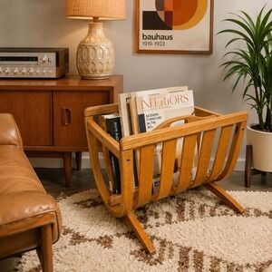 Vintage 90's Modern Oak Bentwood Magazine Vinyl Record Rack, Laptop Books MCM